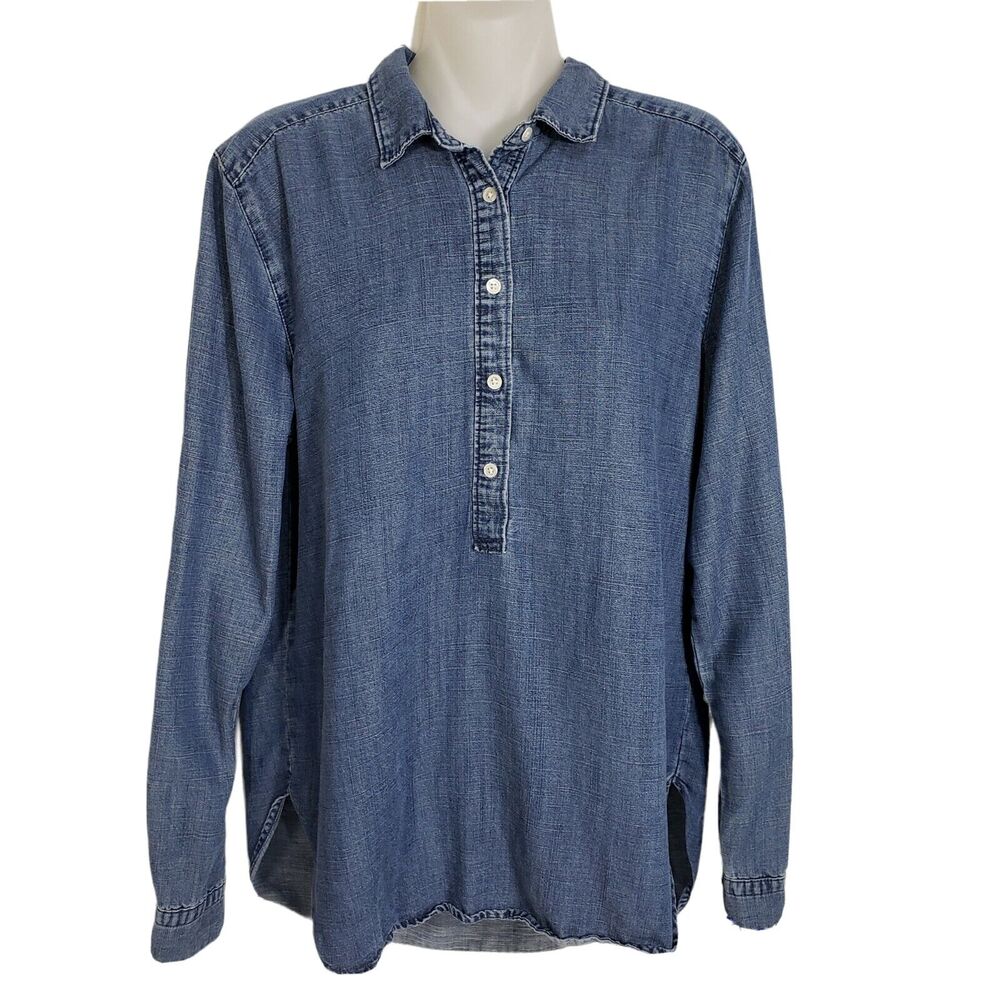 Ann Taylor LOFT Womens Top Medium Blue Linen Blend Pullover Chambray Long Sleeve